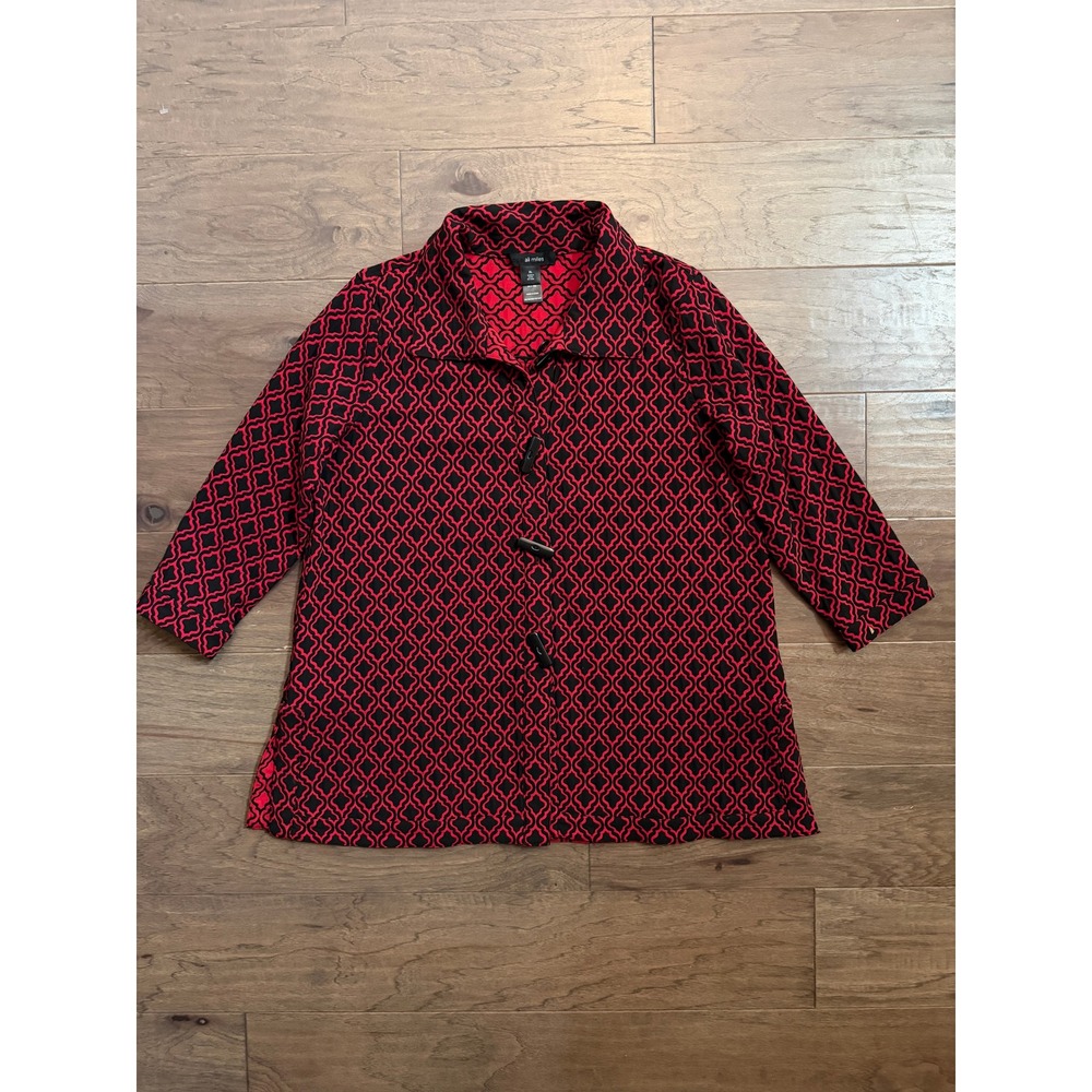 Ali Miles Womens XL Red Black Geometric Print Toggle Button 3/4 Sleeve Jacket